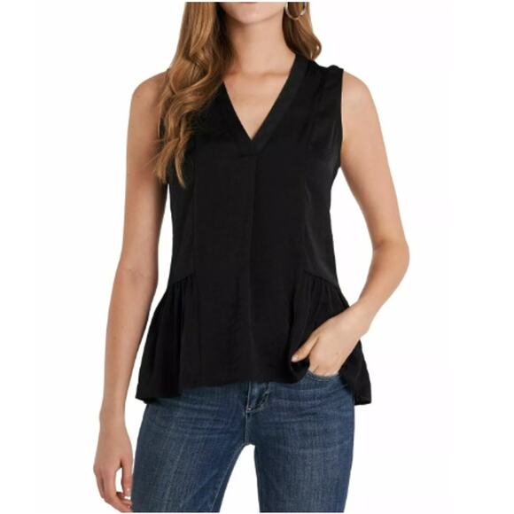 New ~ VINCE CAMUTO Women's Black Ruffled Sleeveless V Neck Peplum Top Size XS - Picture 1 of 7